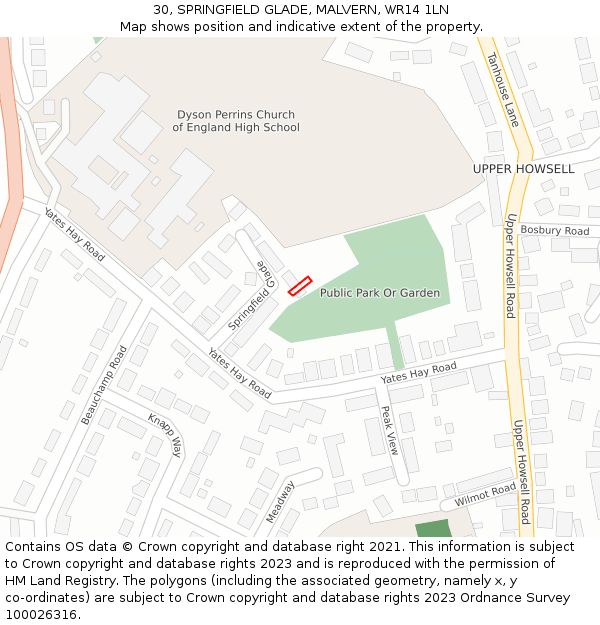 30, SPRINGFIELD GLADE, MALVERN, WR14 1LN: Location map and indicative extent of plot
