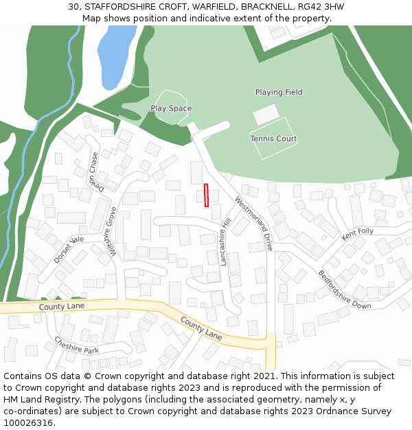 30, STAFFORDSHIRE CROFT, WARFIELD, BRACKNELL, RG42 3HW: Location map and indicative extent of plot