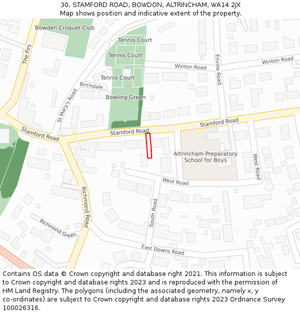 30, STAMFORD ROAD, BOWDON, ALTRINCHAM, WA14 2JX: Location map and indicative extent of plot