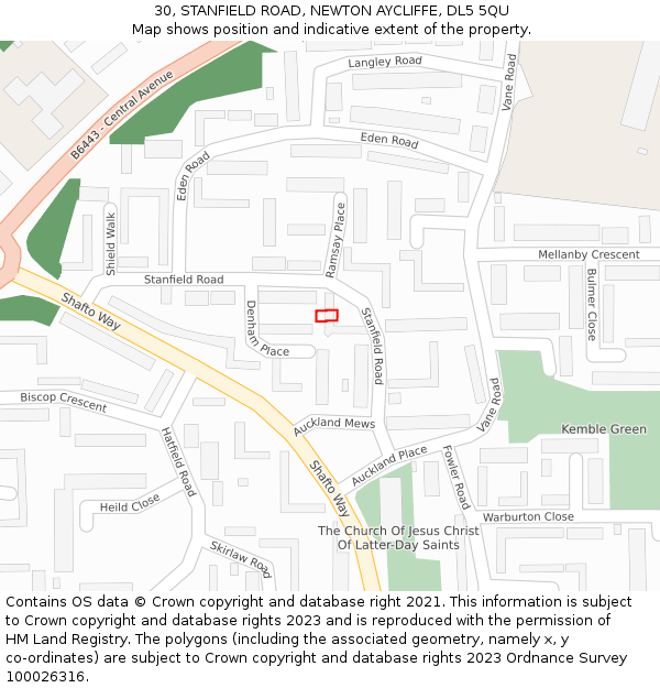 30, STANFIELD ROAD, NEWTON AYCLIFFE, DL5 5QU: Location map and indicative extent of plot