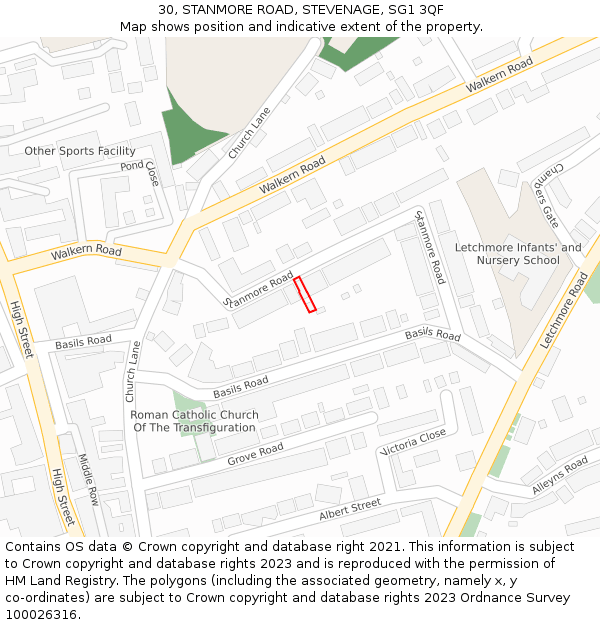30, STANMORE ROAD, STEVENAGE, SG1 3QF: Location map and indicative extent of plot