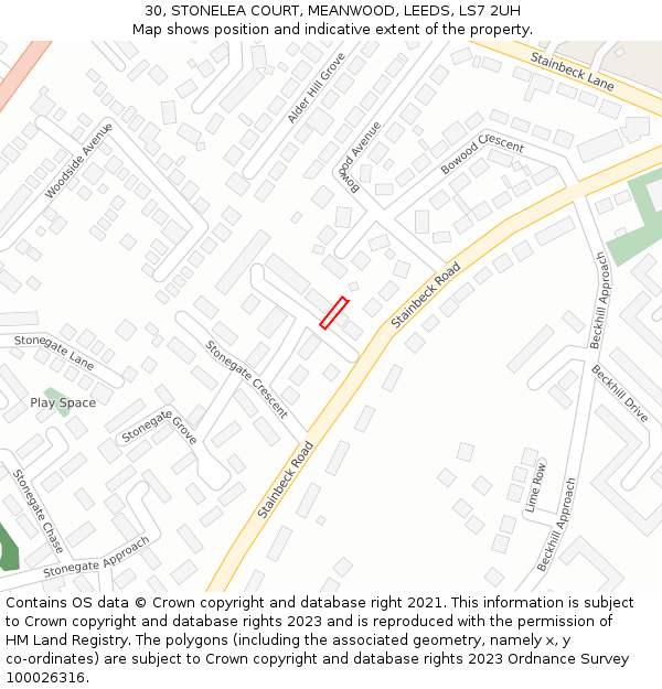 30, STONELEA COURT, MEANWOOD, LEEDS, LS7 2UH: Location map and indicative extent of plot