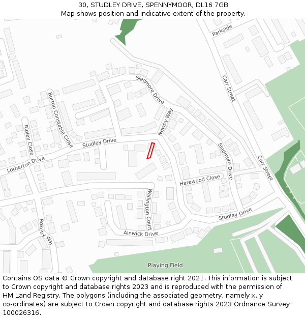 30, STUDLEY DRIVE, SPENNYMOOR, DL16 7GB: Location map and indicative extent of plot