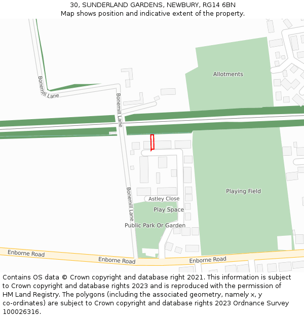 30, SUNDERLAND GARDENS, NEWBURY, RG14 6BN: Location map and indicative extent of plot