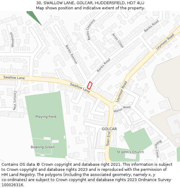 30, SWALLOW LANE, GOLCAR, HUDDERSFIELD, HD7 4LU: Location map and indicative extent of plot