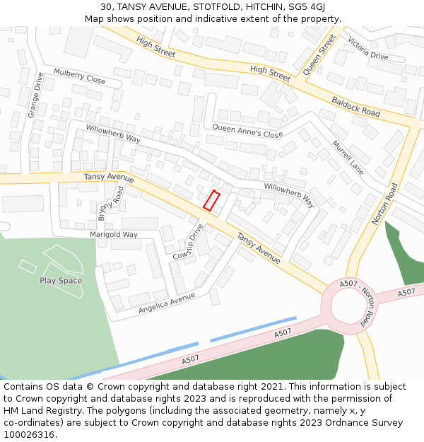 30, TANSY AVENUE, STOTFOLD, HITCHIN, SG5 4GJ: Location map and indicative extent of plot