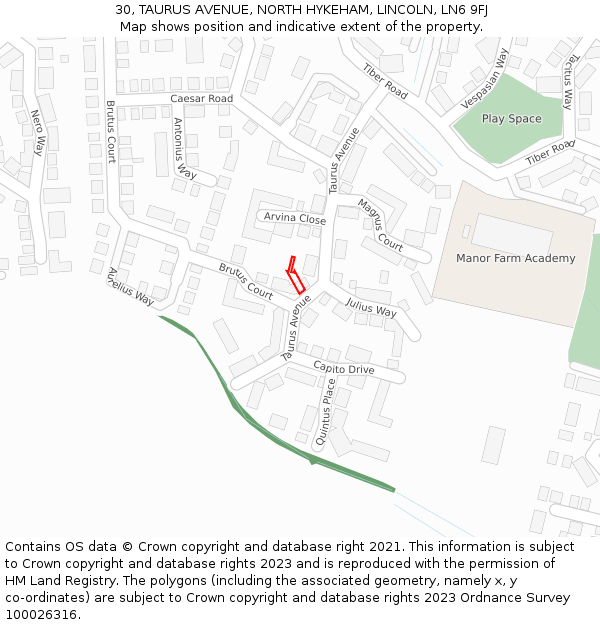 30, TAURUS AVENUE, NORTH HYKEHAM, LINCOLN, LN6 9FJ: Location map and indicative extent of plot