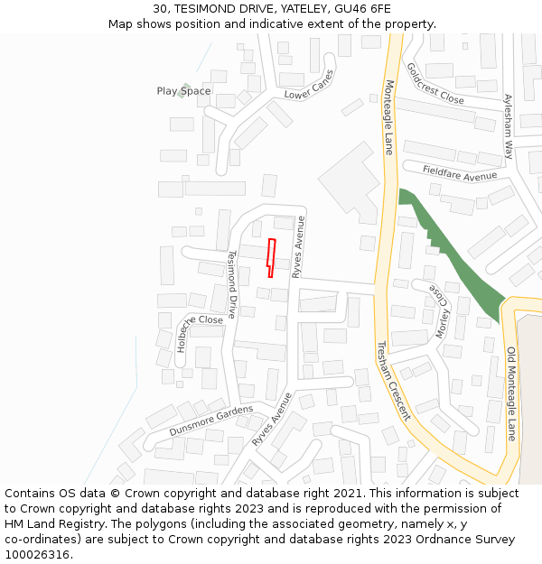 30, TESIMOND DRIVE, YATELEY, GU46 6FE: Location map and indicative extent of plot