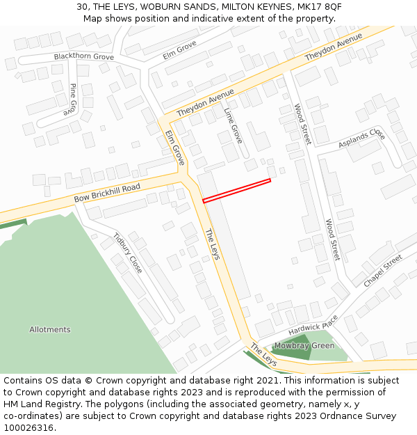 30, THE LEYS, WOBURN SANDS, MILTON KEYNES, MK17 8QF: Location map and indicative extent of plot