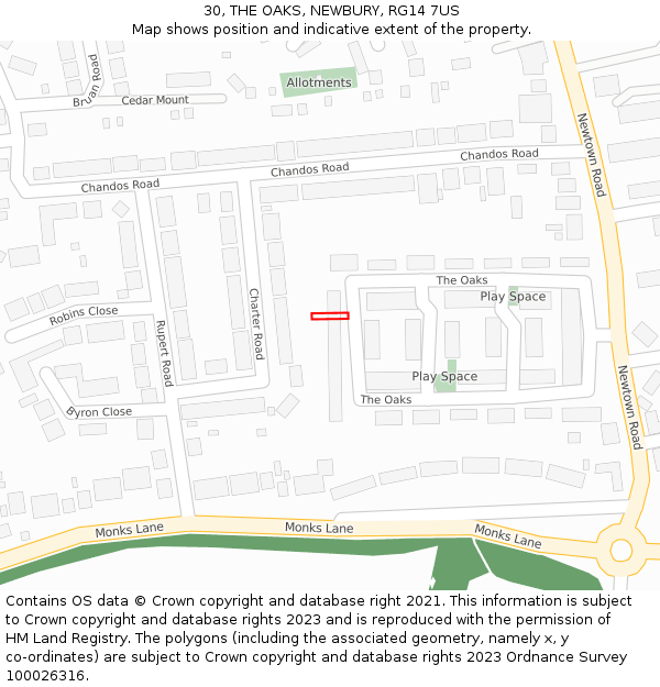 30, THE OAKS, NEWBURY, RG14 7US: Location map and indicative extent of plot