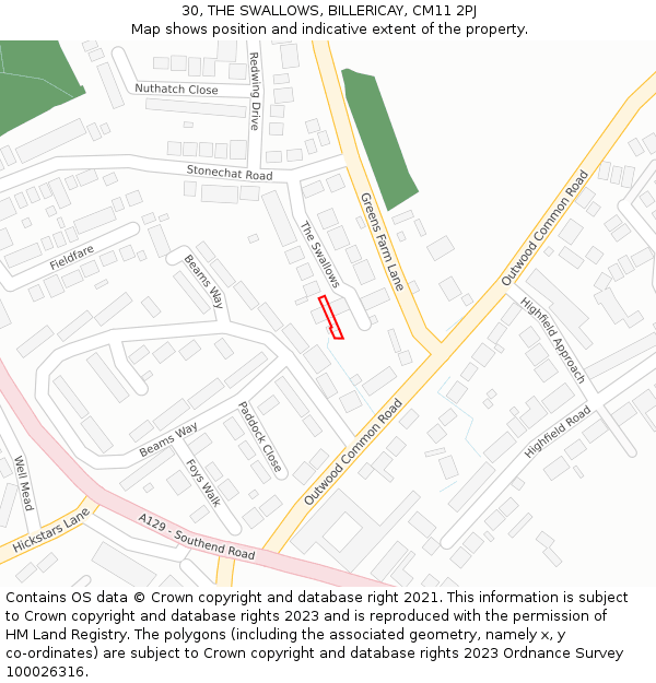30, THE SWALLOWS, BILLERICAY, CM11 2PJ: Location map and indicative extent of plot