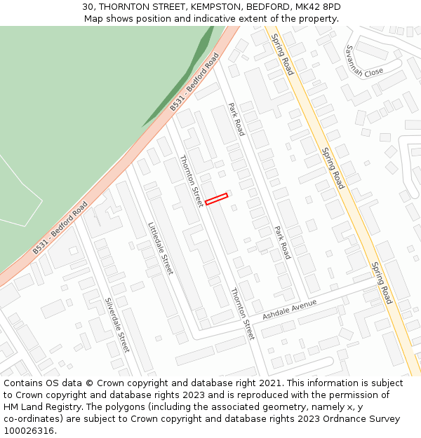 30, THORNTON STREET, KEMPSTON, BEDFORD, MK42 8PD: Location map and indicative extent of plot