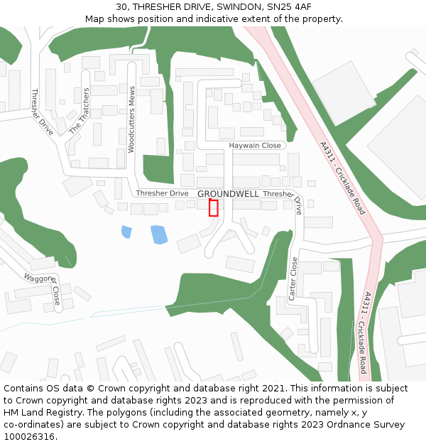 30, THRESHER DRIVE, SWINDON, SN25 4AF: Location map and indicative extent of plot