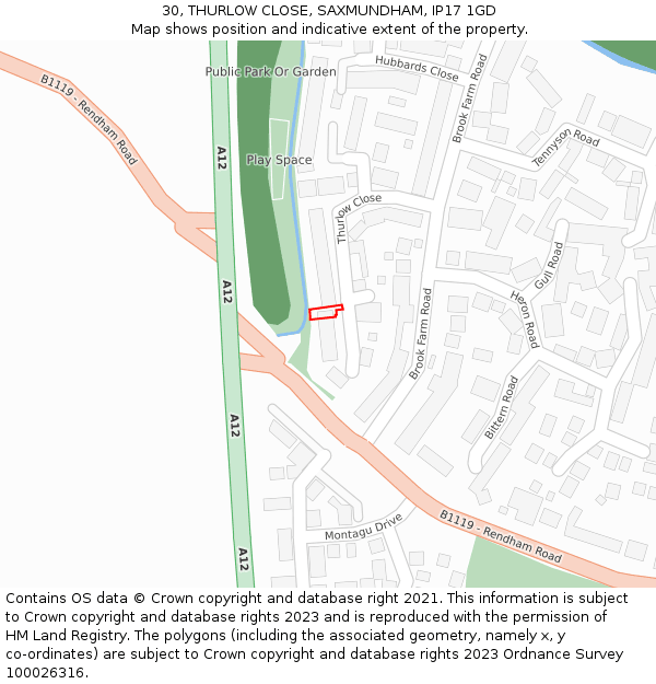 30, THURLOW CLOSE, SAXMUNDHAM, IP17 1GD: Location map and indicative extent of plot