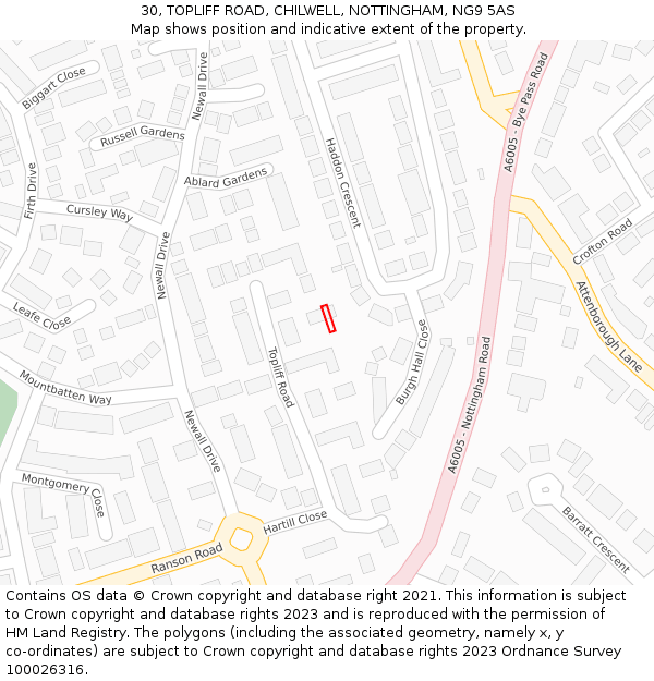 30, TOPLIFF ROAD, CHILWELL, NOTTINGHAM, NG9 5AS: Location map and indicative extent of plot