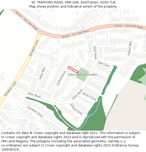 30, TRAFFORD ROAD, FAIR OAK, EASTLEIGH, SO50 7LB: Location map and indicative extent of plot