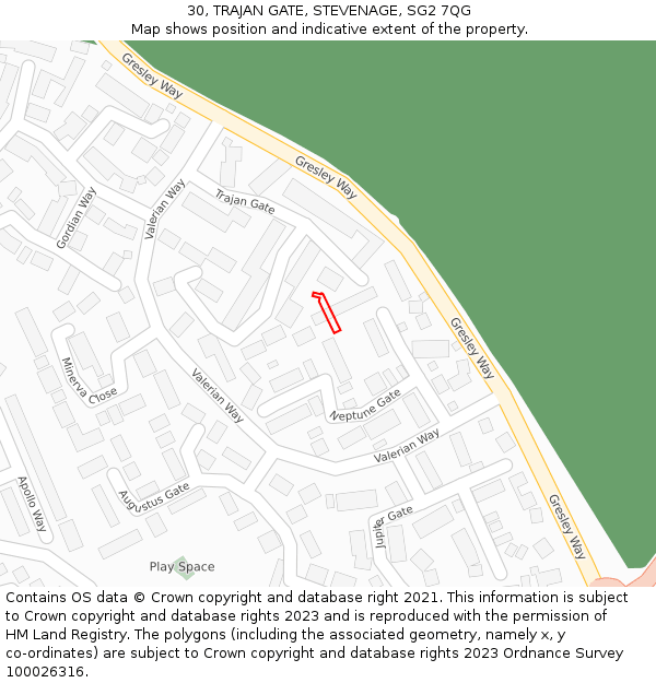 30, TRAJAN GATE, STEVENAGE, SG2 7QG: Location map and indicative extent of plot