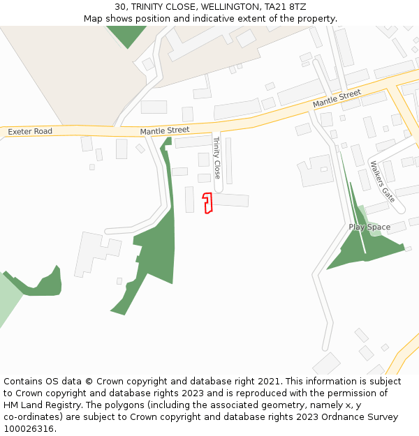 30, TRINITY CLOSE, WELLINGTON, TA21 8TZ: Location map and indicative extent of plot