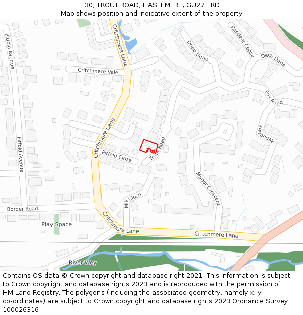 30, TROUT ROAD, HASLEMERE, GU27 1RD: Location map and indicative extent of plot