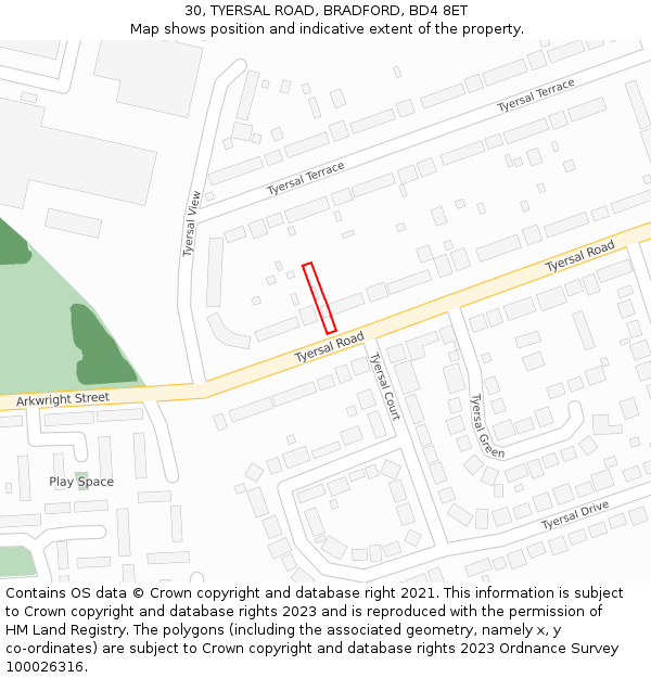 30, TYERSAL ROAD, BRADFORD, BD4 8ET: Location map and indicative extent of plot