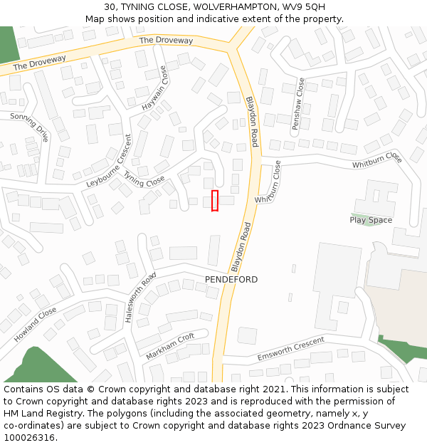 30, TYNING CLOSE, WOLVERHAMPTON, WV9 5QH: Location map and indicative extent of plot