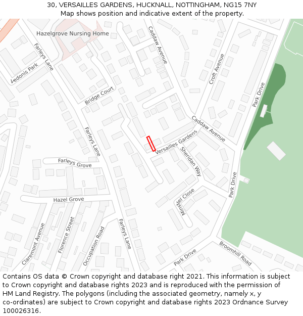 30, VERSAILLES GARDENS, HUCKNALL, NOTTINGHAM, NG15 7NY: Location map and indicative extent of plot
