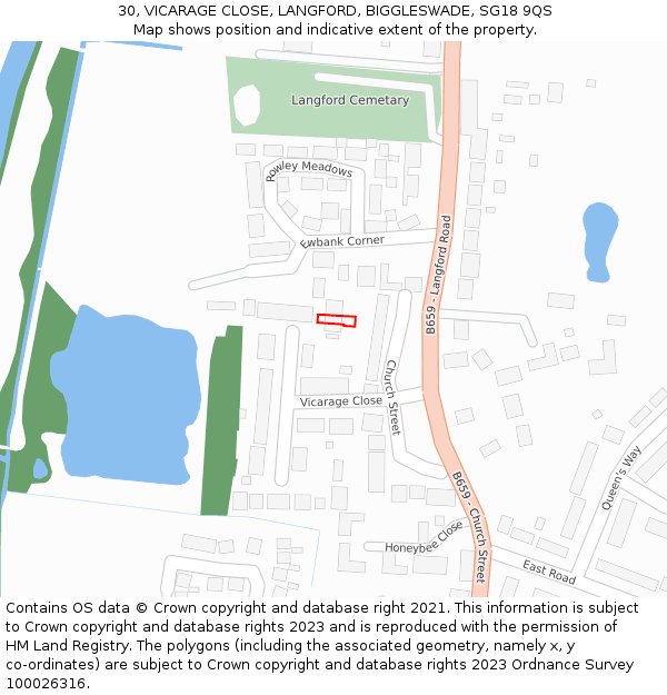 30, VICARAGE CLOSE, LANGFORD, BIGGLESWADE, SG18 9QS: Location map and indicative extent of plot