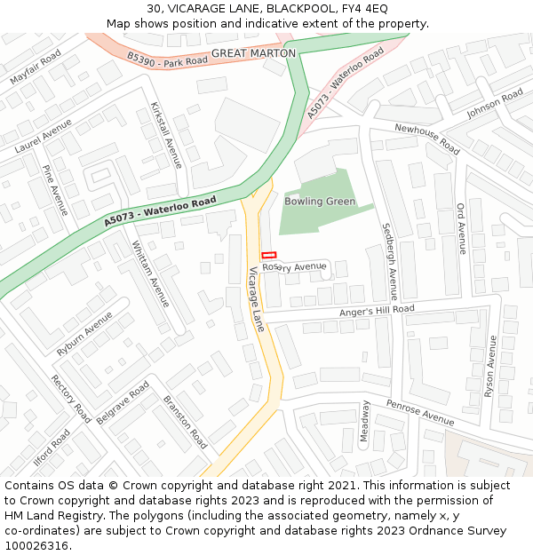 30, VICARAGE LANE, BLACKPOOL, FY4 4EQ: Location map and indicative extent of plot