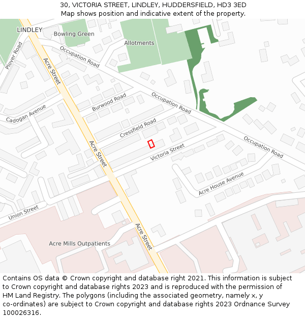 30, VICTORIA STREET, LINDLEY, HUDDERSFIELD, HD3 3ED: Location map and indicative extent of plot