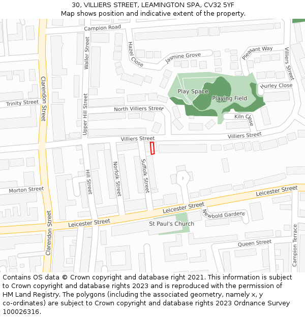 30, VILLIERS STREET, LEAMINGTON SPA, CV32 5YF: Location map and indicative extent of plot