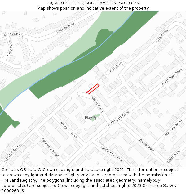 30, VOKES CLOSE, SOUTHAMPTON, SO19 8BN: Location map and indicative extent of plot