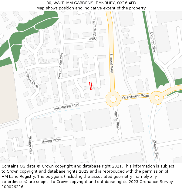 30, WALTHAM GARDENS, BANBURY, OX16 4FD: Location map and indicative extent of plot