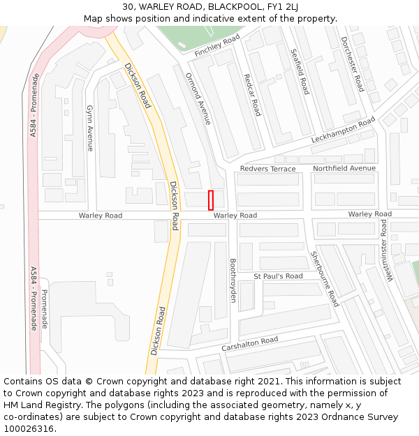 30, WARLEY ROAD, BLACKPOOL, FY1 2LJ: Location map and indicative extent of plot