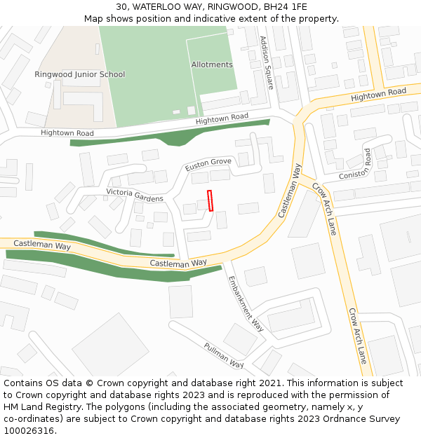 30, WATERLOO WAY, RINGWOOD, BH24 1FE: Location map and indicative extent of plot