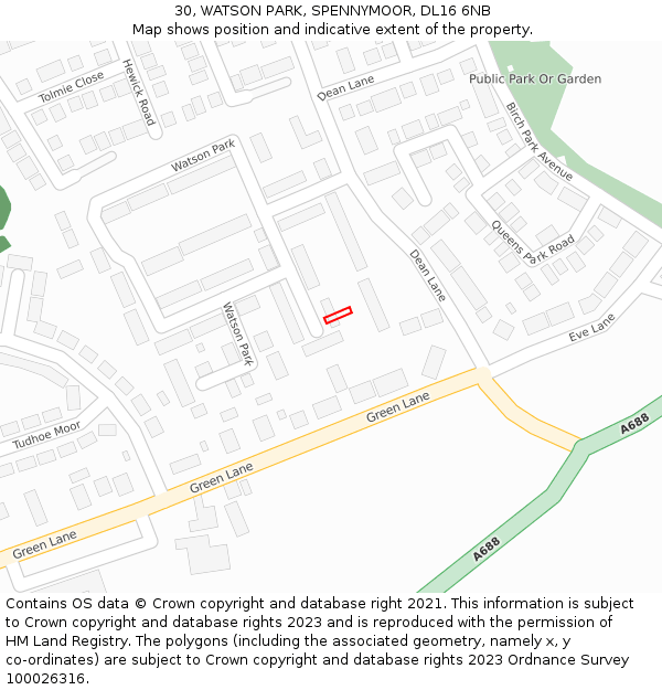 30, WATSON PARK, SPENNYMOOR, DL16 6NB: Location map and indicative extent of plot