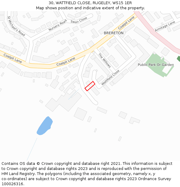 30, WATTFIELD CLOSE, RUGELEY, WS15 1ER: Location map and indicative extent of plot