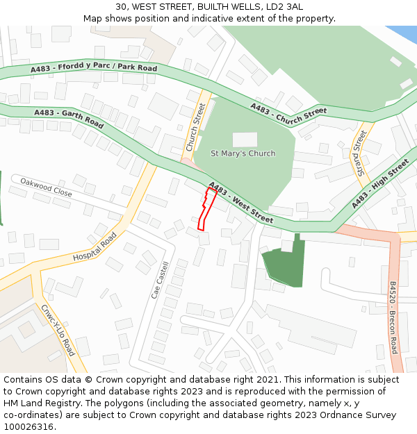 30, WEST STREET, BUILTH WELLS, LD2 3AL: Location map and indicative extent of plot