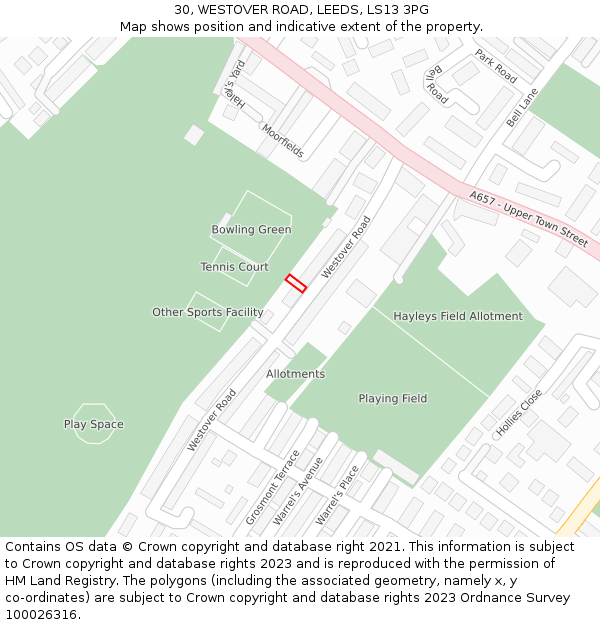 30, WESTOVER ROAD, LEEDS, LS13 3PG: Location map and indicative extent of plot