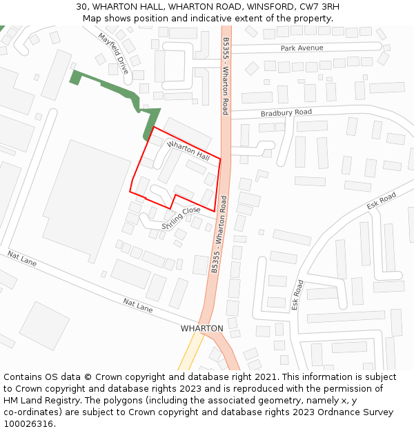 30, WHARTON HALL, WHARTON ROAD, WINSFORD, CW7 3RH: Location map and indicative extent of plot