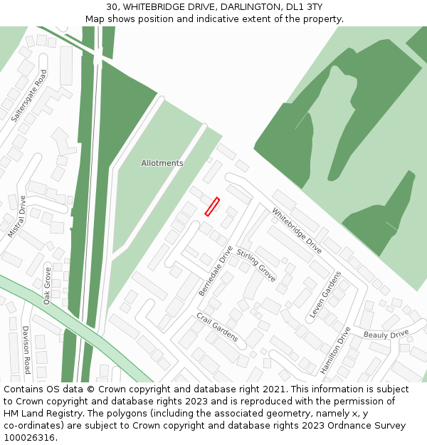 30, WHITEBRIDGE DRIVE, DARLINGTON, DL1 3TY: Location map and indicative extent of plot