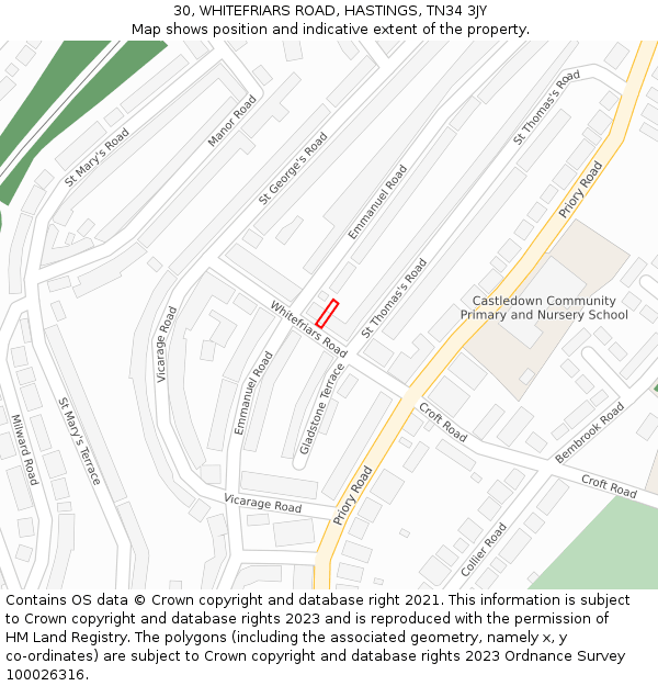 30, WHITEFRIARS ROAD, HASTINGS, TN34 3JY: Location map and indicative extent of plot