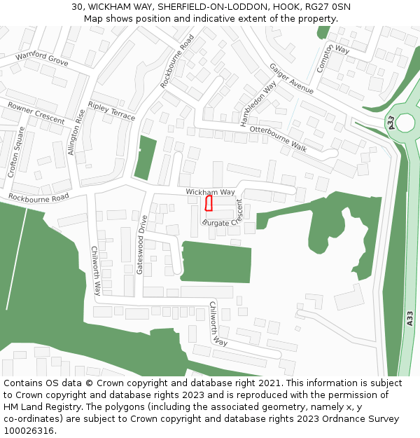 30, WICKHAM WAY, SHERFIELD-ON-LODDON, HOOK, RG27 0SN: Location map and indicative extent of plot