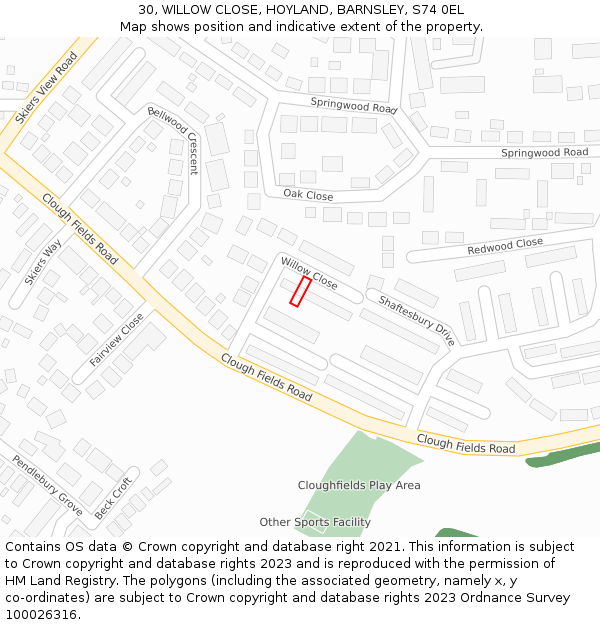 30, WILLOW CLOSE, HOYLAND, BARNSLEY, S74 0EL: Location map and indicative extent of plot