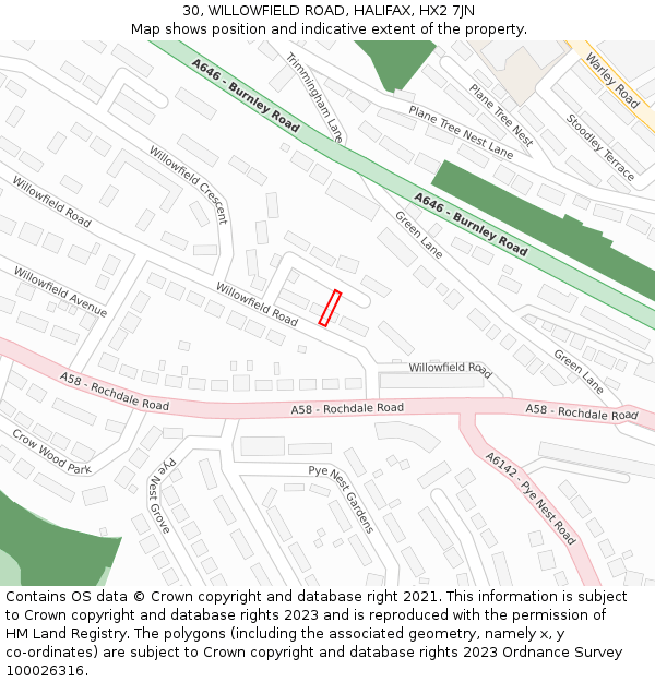 30, WILLOWFIELD ROAD, HALIFAX, HX2 7JN: Location map and indicative extent of plot