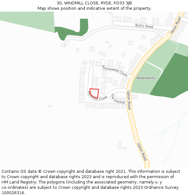 30, WINDMILL CLOSE, RYDE, PO33 3JB: Location map and indicative extent of plot