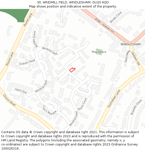 30, WINDMILL FIELD, WINDLESHAM, GU20 6QD: Location map and indicative extent of plot