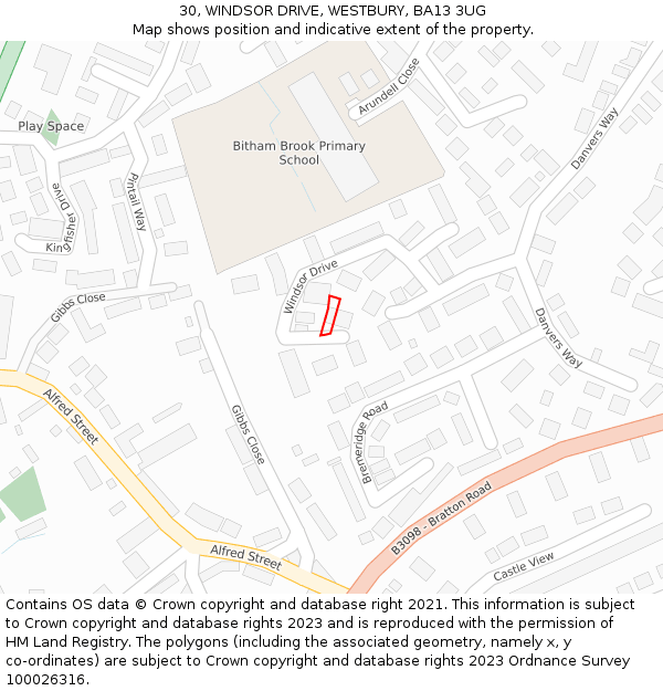 30, WINDSOR DRIVE, WESTBURY, BA13 3UG: Location map and indicative extent of plot