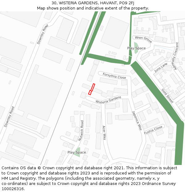 30, WISTERIA GARDENS, HAVANT, PO9 2FJ: Location map and indicative extent of plot