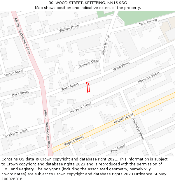 30, WOOD STREET, KETTERING, NN16 9SG: Location map and indicative extent of plot