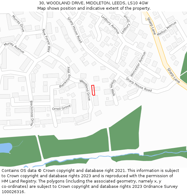 30, WOODLAND DRIVE, MIDDLETON, LEEDS, LS10 4GW: Location map and indicative extent of plot